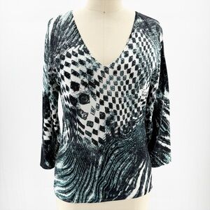 Lew Magram collection geometric print v-neck 3/4” slv beaded top NEW